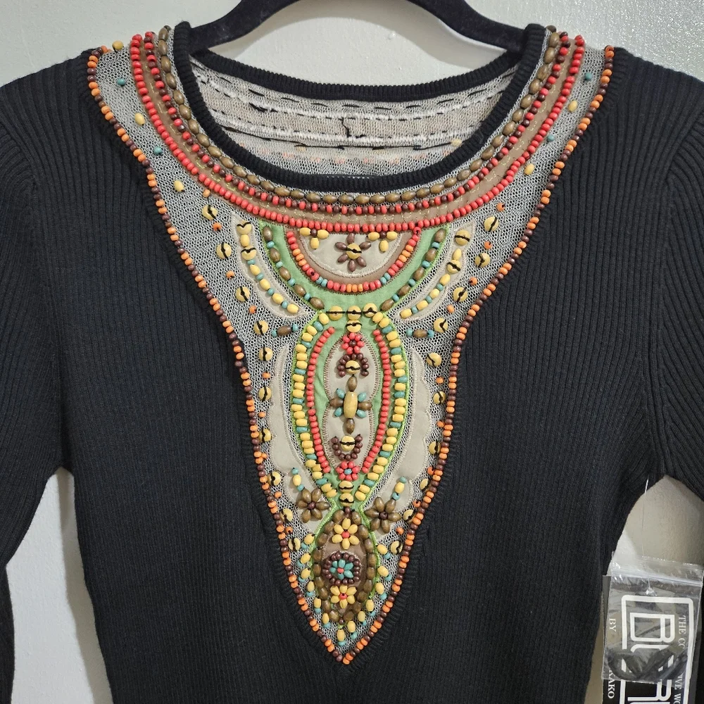 NEW Vintage Berek Takako Sakon Beaded Ribbed Knit Top Black Boho Art To Wear M - Picture 4 of 14